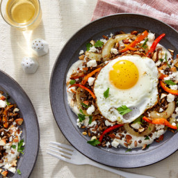 Farro & Lentil Mujaddara with Sweet Peppers, Labneh, & Almonds