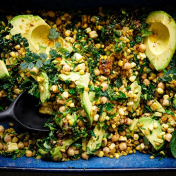 Farro, corn, chickpea and avocado salad with chipotle lime dressing