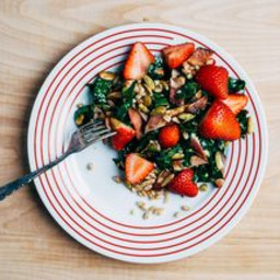 Farro, Kale, and Strawberry Salad with Bacon and Chili-Dusted Pepitas
