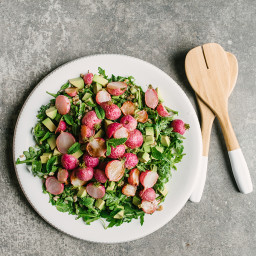 Farro Salad with Roasted Radishes and Mint Salsa Verde