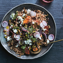 Farro Salad with Roasted Sweet Potatoes, Red Onion, and Goat Cheese