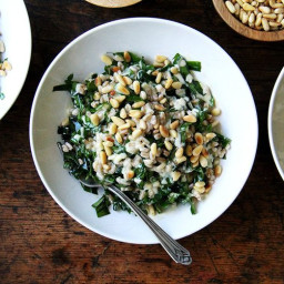 Farro with Greens, Tahini Sauce, and Toasted Pine Nuts