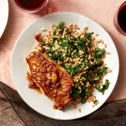 Fennel-Crusted Pork Chops & Fig Compote with Sautéed Kale & Farro S