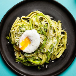 Fettuccine with Asparagus, Beet Green Pesto, and Poached Egg