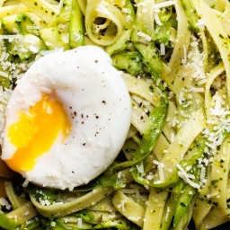Fettuccine With Asparagus, Beet Green Pesto, and Poached Egg