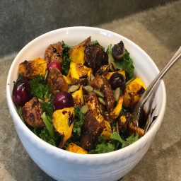 Fig, squash, and marinated kale salad with balsamic reduction
