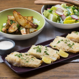 Fish and Chipswith Radish, Sugar Snap Pea and Romaine Salad