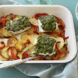 Fish and potato traybake with pesto