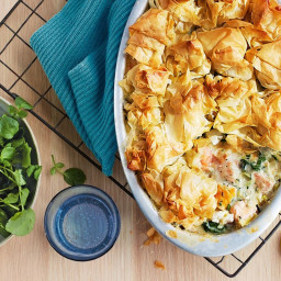 Fish and prawn pie with tarragon and spinach