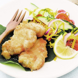 Fish in coconut batter with green mango salad