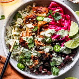 Fish Taco Bowls with Cilantro Rice and Creamy Verde Sauce