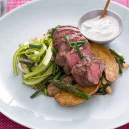 Flat Iron Steakswith Ramps, Fingerling Potatoes and Shaved Asparagus Salad