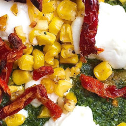 Flatbread Pizzas with Pesto, Corn, Goat Cheese and Sundried Tomatoes