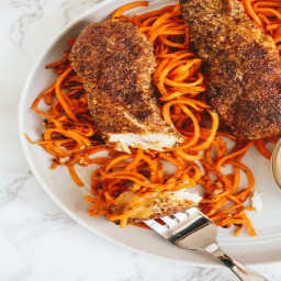 Flaxseed Crusted Chicken Tenders with Sweet Potato Noodles
