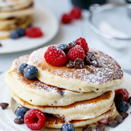 Fluffy Greek Yoghurt and Mixed Berry Choc Chip Pancakes