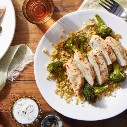Foil Packet Lemon Chicken with Freekeh, Broccoli, & Olive Salad