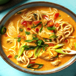Fragrant Chicken Laksa with Red Peppers and Noodles