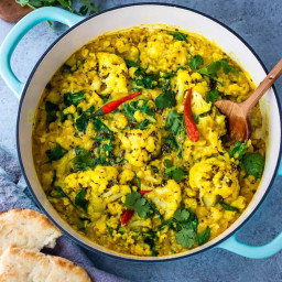 Fragrant Golden Cauliflower Dal w/ Red Lentils, Coconut and Spinach Recipe