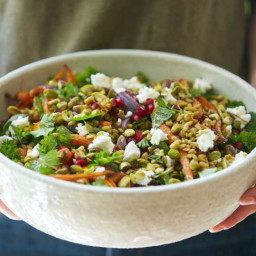 Freekeh salad with sticky roasted carrots, goat cheese and pistachios