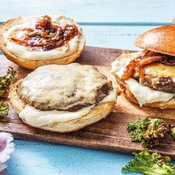 French Onion Burgers with Béchamel Sauce and Kale Chips