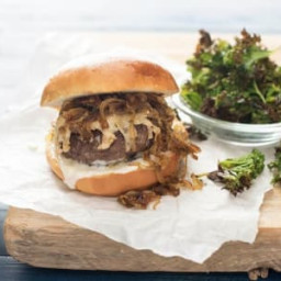 French Onion Soup Burger with Béchamel, Caramelized Onions, and Kale Chips