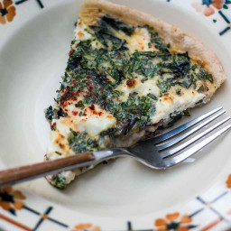 French quiche with greens, bacon and feta