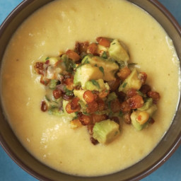 Fresh Corn Soup Topped with Roasted Corn Guacamole