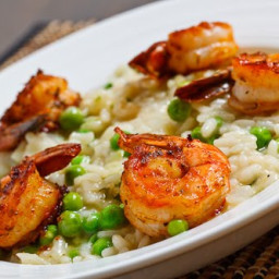 Fresh Pea Risotto with Spicy Grilled Shrimp