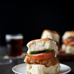 Fried Beer Chicken Sliders with Beer Pickled Peaches and Jalapenos