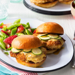 “Fried” chicken sliders with honey-mustard mayo and pickled zucchini