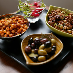 Fried Chickpeas and Spiced Nuts with Olives and Radishes
