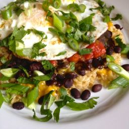 Fried Eggs with Cheesy Brown Rice, Beans and Salsa