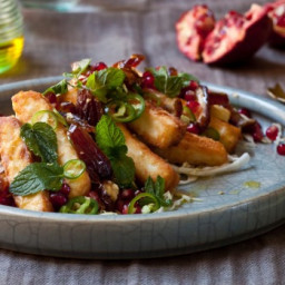Fried haloumi with white cabbage, date and green chilli salad