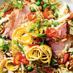 Fried rice with glazed ham and vegetables