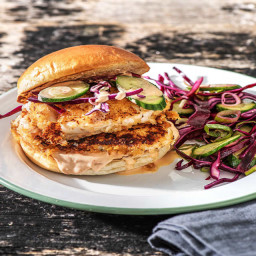 Fried Tilapia Sandwiches with Spicy Sauce and Cabbage Cucumber Slaw