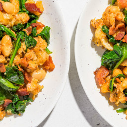 Fried White Beans with Bacon, Garlic and Spinach