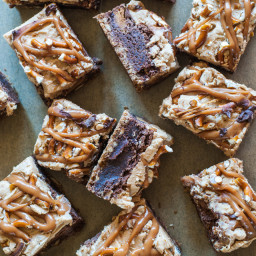 Fudgy Peanut Butter Cup Brownies with Caramel and Pretzel Crust