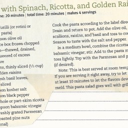 Fusilli with Spinach, Ricotta, and Golden Raisins