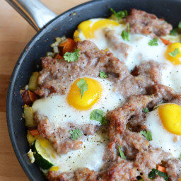 Garden Veggie Scramble with Breakfast Sausage and Baked Eggs