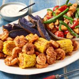 Garlic-Butter Shrimp & Corn with Green Bean Salad & Roasted Purple 