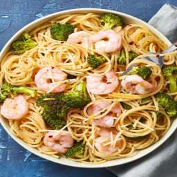 Garlic Butter Shrimp Scampi over Spaghetti with Roasted Broccoli