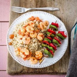 Garlic-Butter Shrimp with Tomato, Brown Rice, and Caramelized Veggie Skewer