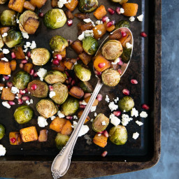 Garlic Chili-Maple Roasted Butternut Squash & Brussels Sprouts with Pom