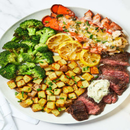 Garlic Herb Butter Steak & Lobster Tails with Lemony Broccoli & Chive Roast