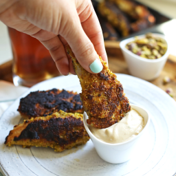 Garlic Pistachio Crusted Chicken Tenders with Rosemary Tahini Dipping Sauce