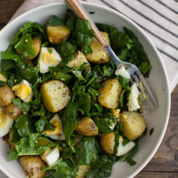 Garlic Roasted Potato, Egg, and Spinach Salad