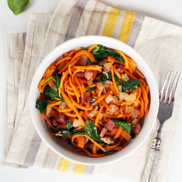 Garlic Sweet Potato Noodles with Pancetta and Baby Spinach
