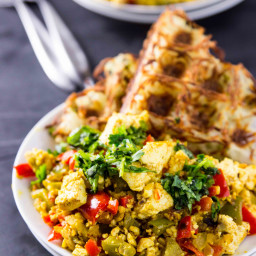 Garlicky Bell Pepper Tofu Scramble with Waffled Jalapeño Hash Browns