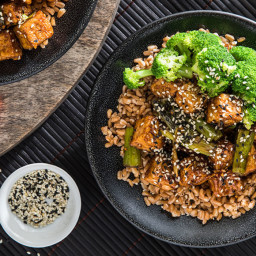 General Tso's Tofu with Farro and Steamed Broccoli 