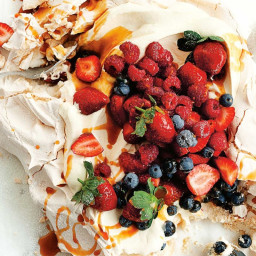 Giant pavlova with berries and salted caramel